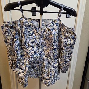 Belle + Sky Blue Yellow Floral Cold Shoulder Puff Sleeve Peplum Top Medium